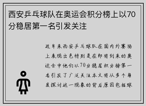 西安乒乓球队在奥运会积分榜上以70分稳居第一名引发关注